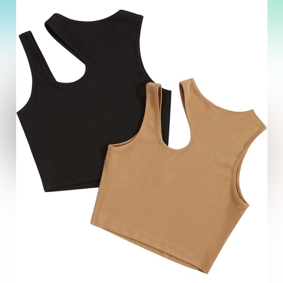 Women's Black and Tan Ribbed Cutout Crop Tank Tops - Picture 2 of 9